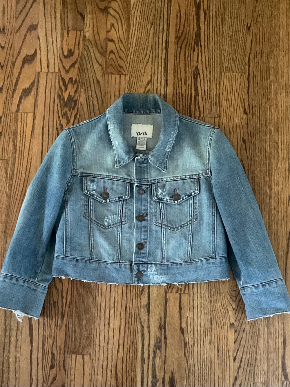 Vintage Ya-Ya Distressed Denim Jacket Cropped 3/4 Sleeves